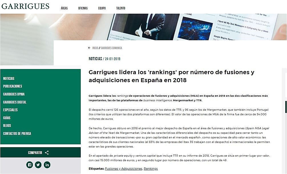 Garrigues lidera los 'rankings' por nmero de fusiones y adquisiciones en Espaa en 2018